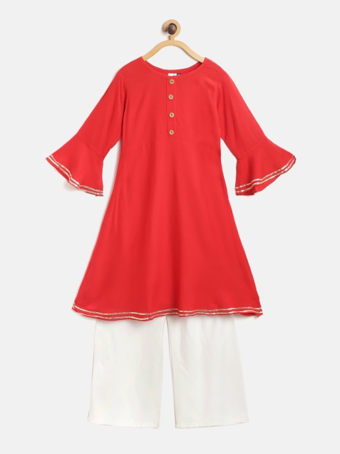 

Aarika Girls Red & White Solid Pure Cotton A-Line Kurta with Wide Leg Palazzos