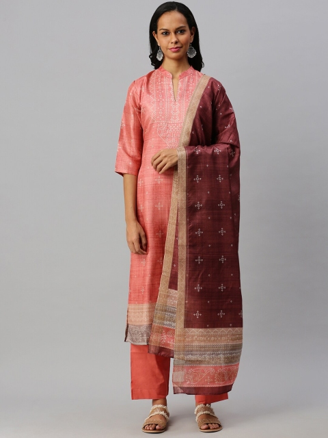 

Soch Peach-Coloured & White Printed Unstitched Dress Material