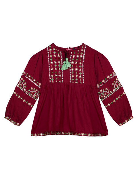 

Ishin DESIGNER STUDIO Girls Burgundy Embroidered Tie-Up Neck A-Line Top