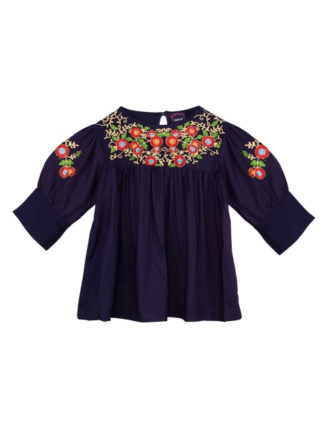 

Ishin DESIGNER STUDIO Girls Navy Blue Floral Embroidered Pleated Top