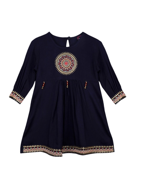 

Ishin DESIGNER STUDIO Girls Navy Blue Embroidered Pleated A-Line Top