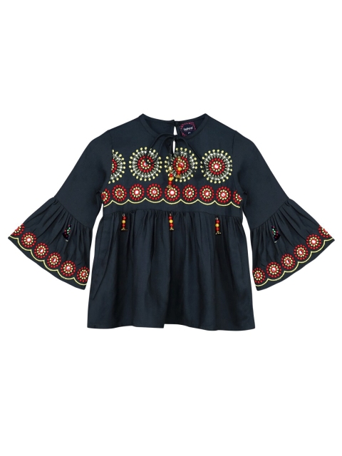 

Ishin DESIGNER STUDIO Girls Green Floral Embroidered Pleated Tie-Up Neck Top