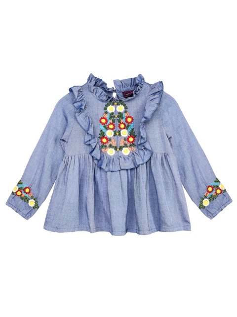 

Ishin DESIGNER STUDIO Girls Blue Floral Embroidered Ruffled Regular Top