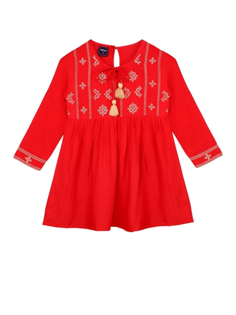 

Ishin DESIGNER STUDIO Girls Orange Floral Embroidered Pleated A-Line Top