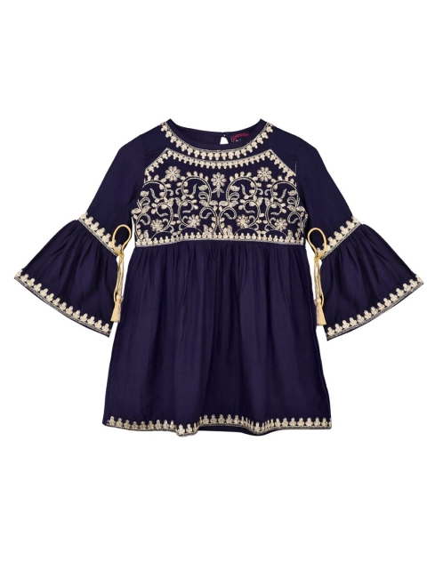 

Ishin DESIGNER STUDIO Girls Navy Blue Embroidered Pleated Bell Sleeve A-Line Top