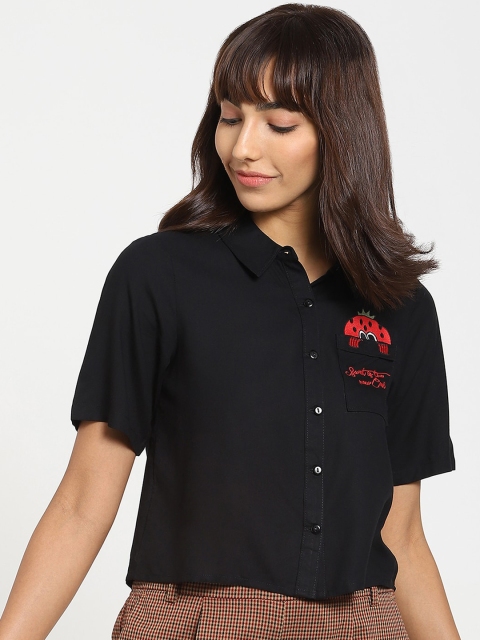 

Bewakoof Women Black Solid Embroidered Boxy Casual Shirt
