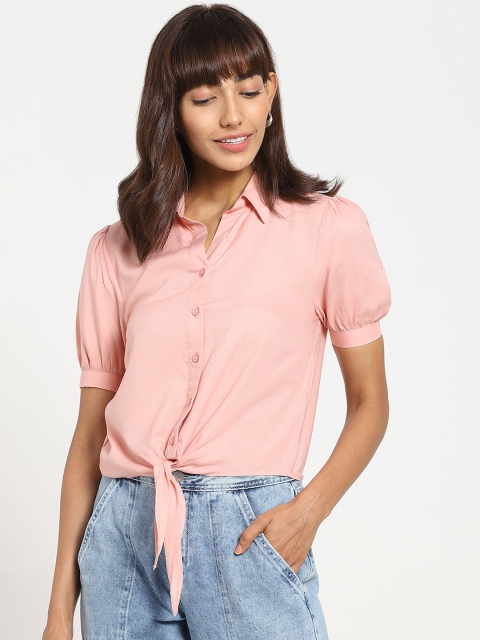 

Bewakoof Women Peach Solid Tie Hem Casual Shirt