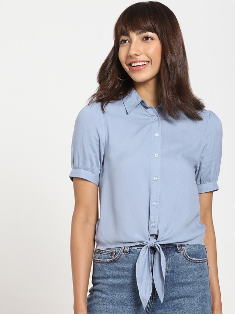 

Bewakoof Women Blue Solid Tie Hem Casual Shirt