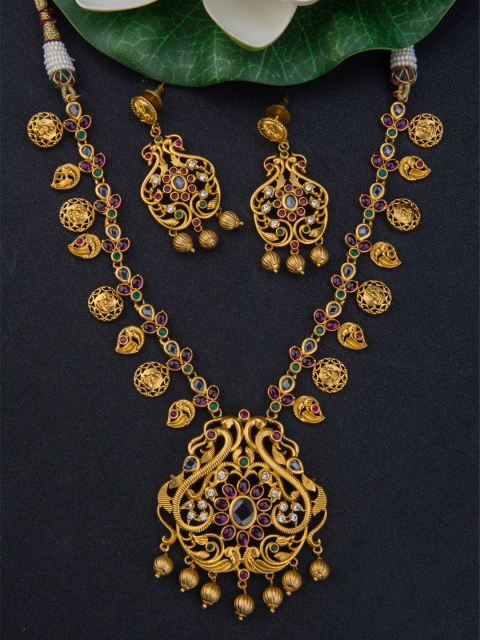 

Alankruthi Gold-Plated Pink & Green Kempu Stone-Studded & Beaded Temple Jewellery Set