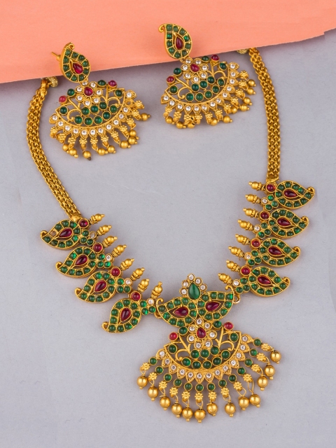 

Alankruthi Gold-Plated Pink & Green Stone-Studded Temple Jewellery Set