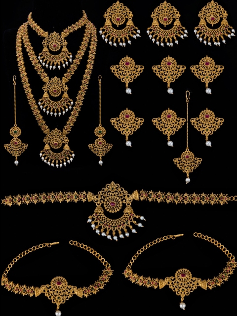 

Alankruthi Gold-Plated Red & Green Stone-Studded Beaded Temple Bridal Jewellery Set