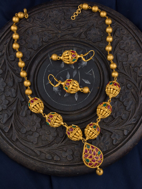 

Alankruthi Gold-Plated Pink & Green Stone-Studded & Beaded Temple Jewellery Set