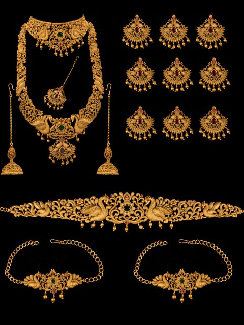 

Alankruthi Gold-Plated Pink & Green Stone-Studded Temple Bridal Jewellery Set