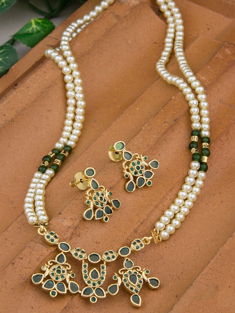 

Alankruthi Gold-Plated Green & Off-White Stone-Studded & Pearl Beaded Temple Jewellery Set