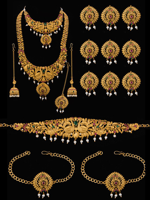 

Alankruthi Gold-Plated Pink & Green Stone-Studded & Beaded Temple Bridal Jewellery Set