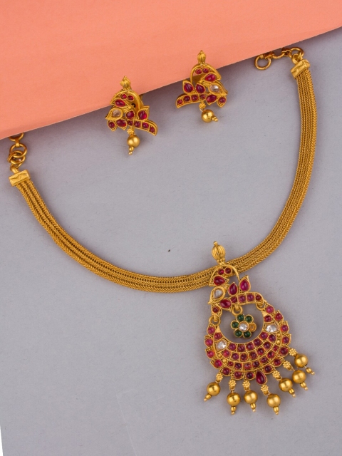 

Alankruthi Gold-Plated Magenta Pink & Green Stone-Studded Temple Jewellery Set