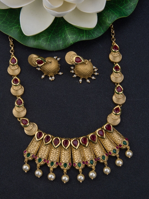 

Alankruthi Gold-Plated Pink & Green Stone-Studded & Beaded Temple Jewellery Set
