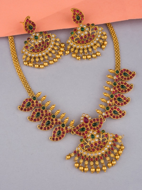 

Alankruthi Gold-Plated Pink & Green Stone-Studded & Beaded Temple Jewellery Set