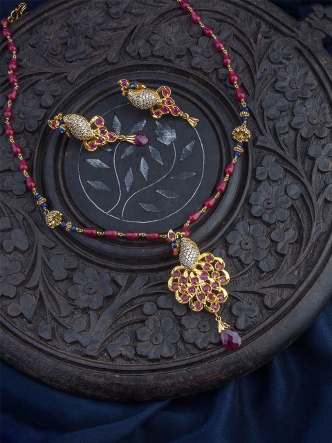 

Alankruthi Gold-Plated Maroon & Blue AD Stone-Studded Peacock Jewellery Set