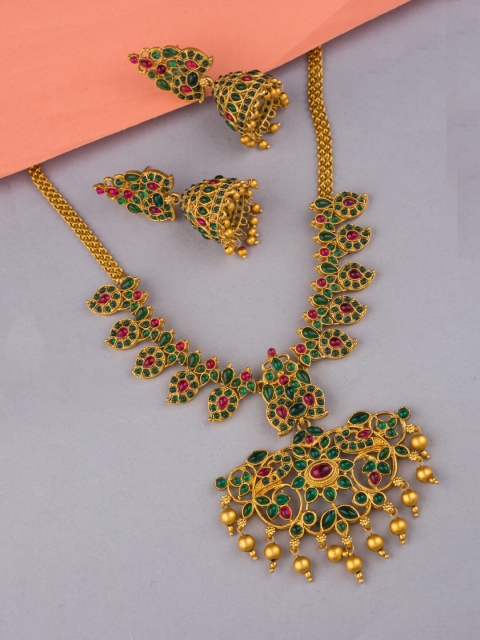 

Alankruthi Gold-Plated Pink & Green Stone-Studded & Beaded Temple Jewellery Set