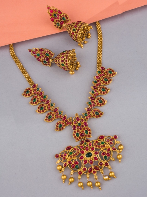 

Alankruthi Gold-Plated Pink & Green Stone-Studded & Beaded Temple Jewellery Set