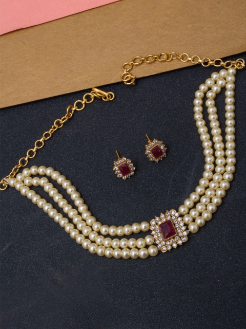 

Alankruthi Women Gold & Maroon Temple Gold-Plated Pearl Choker Set