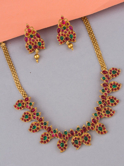 

Alankruthi Gold-Plated Pink & Green Stone-Studded Temple Jewellery Set