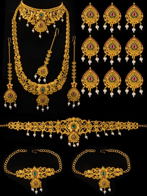 

Alankruthi Gold-Plated Pink & Green Stone-Studded Beaded Temple Bridal Jewellery Set