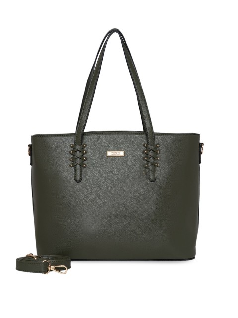 

CERIZ Olive Green Textured PU Structured Tote Bag