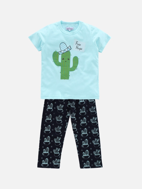 

Nite Flite Unisex Kids Blue & Navy Blue Printed Night suit