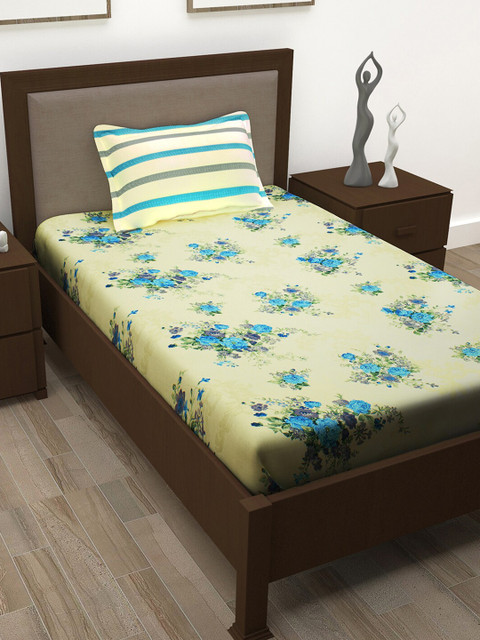 

Story@home Yellow & Turquoise Blue Floral 186 TC Pure Cotton Bedsheet & Pillow Cover