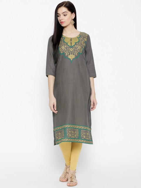 

AURELIA Women Grey Printed Straight Kurta