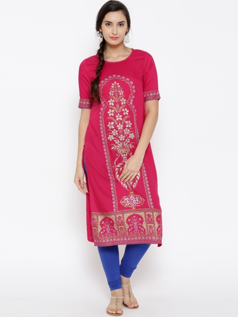 

AURELIA Women Pink Printed Straight Kurta