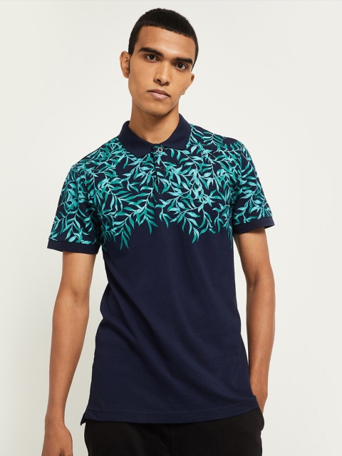 

max Men Blue Printed Polo Collar Pockets T-shirt