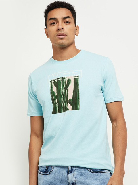 

max Men Blue Typography Printed T-shirt