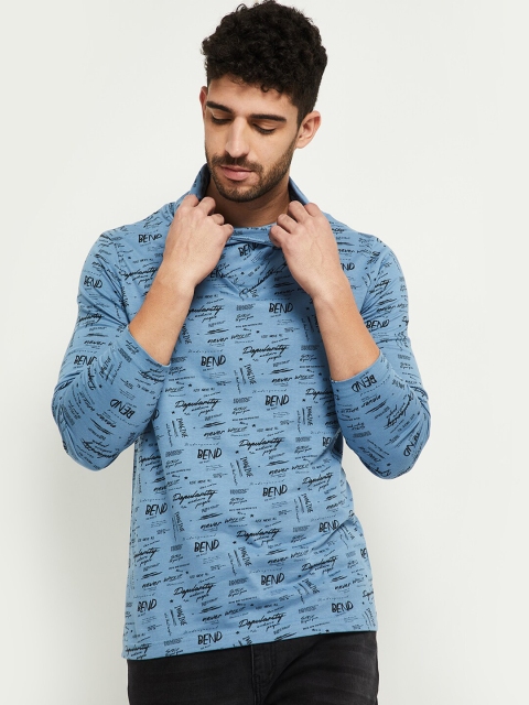 

max Men Blue Printed Turtle Neck T-shirt