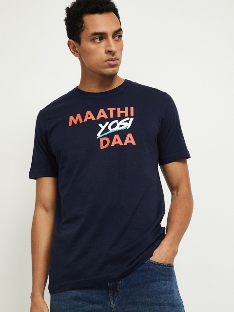 

max Men Navy Blue Typography Printed Pure Cotton T-shirt