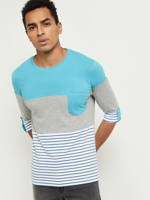 

max Men Blue & White Colourblocked Roll-Up Sleeves Pockets T-shirt