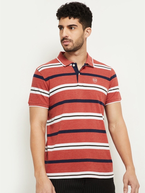 

max Men Rust & White Striped Polo Collar T-shirt