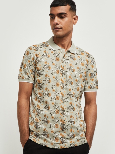 

max Men Grey Floral Printed Polo Collar Tropical T-shirt
