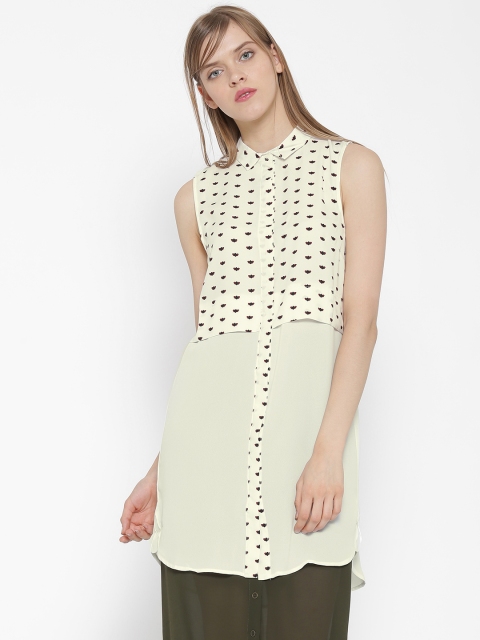 

MANGO Women Off-White Printed Longline Shirt