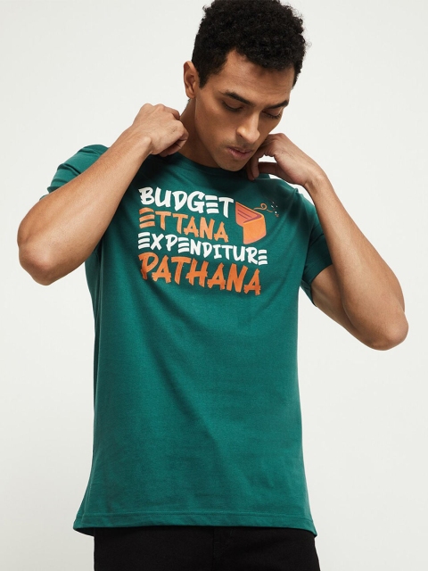 

max Men Green Typography Printed Applique T-shirt