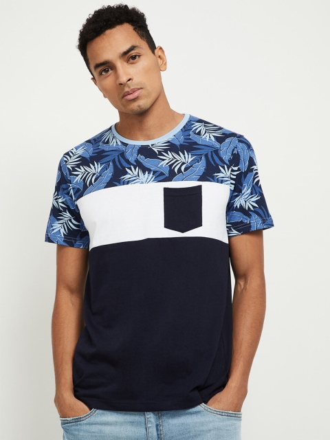 

max Men Blue Floral Printed Indigo Pockets T-shirt