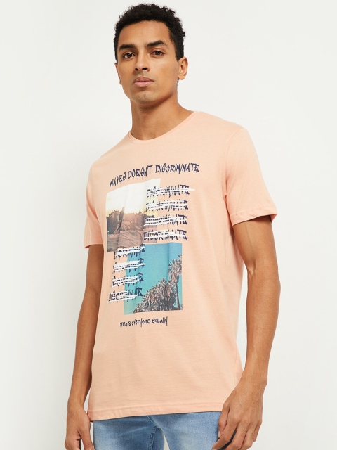 

max Men Pink Printed Raw Edge T-shirt