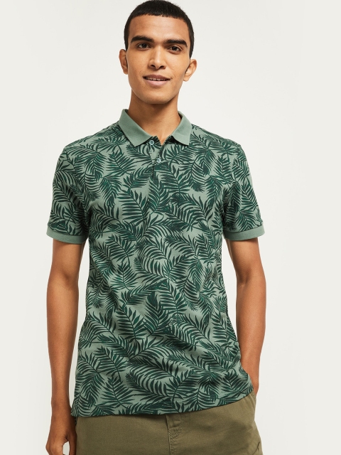 

max Men Green Printed Polo Collar Tropical Applique T-shirt