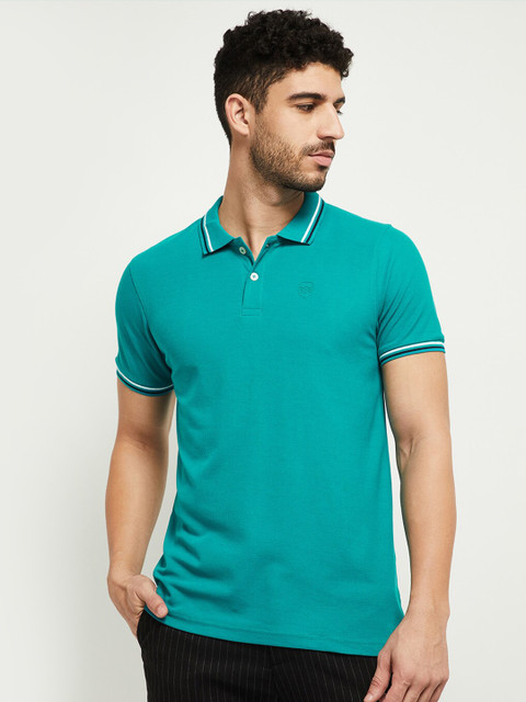 

max Men Sea Green Polo Collar T-shirt