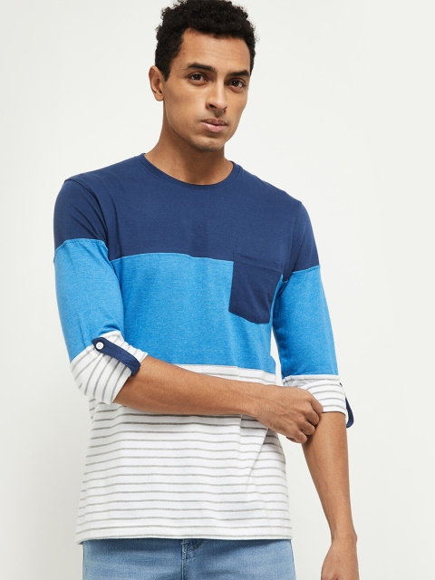 

max Men Blue & White Colourblocked Roll-Up Sleeves Pockets T-shirt