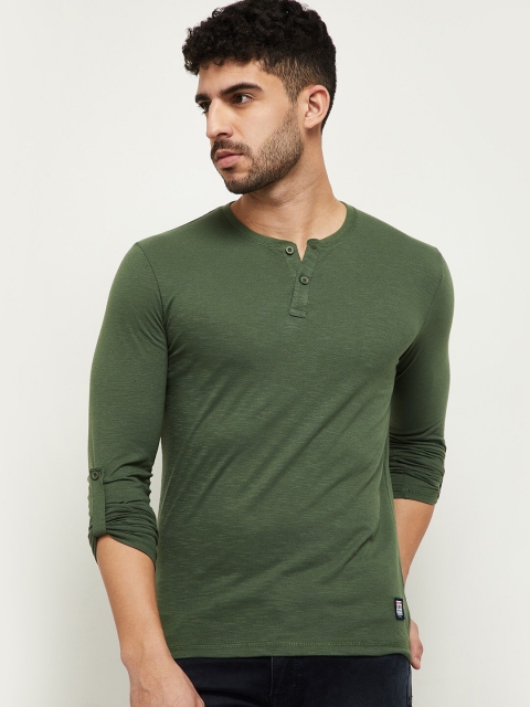 

max Men Olive Green Henley Neck Roll-Up Sleeves T-shirt