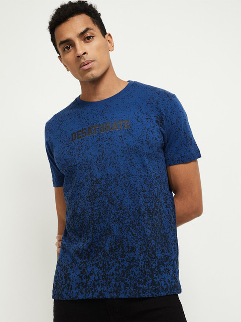 

max Men Blue Typography Printed Tropical Raw Edge T-shirt