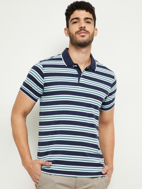 

max Men Blue & White Striped Polo Collar T-shirt